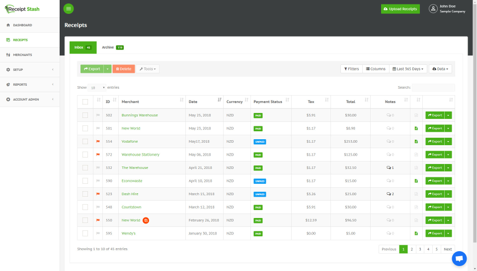 screenshot of Receipt Stash